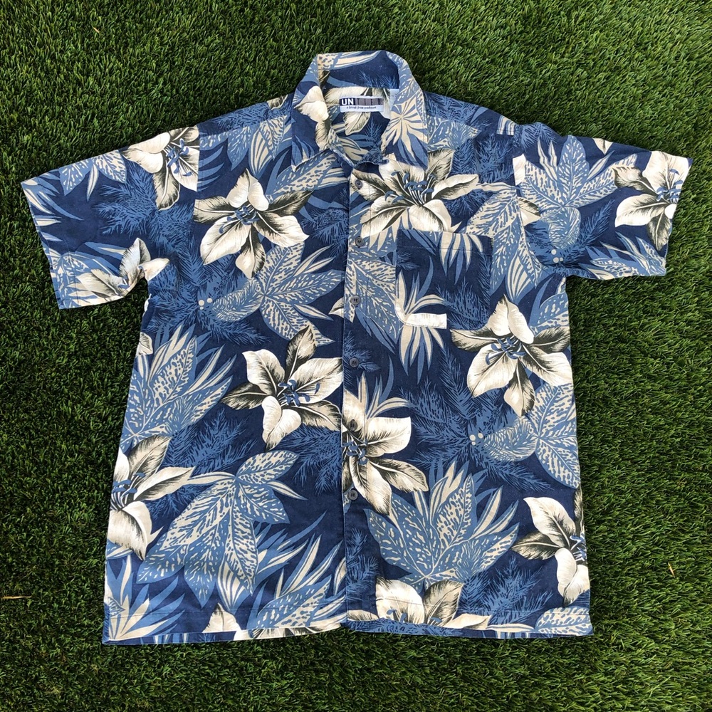 Blue and Grey Silk Hawaiian Shirt (UnTied) - Picture 1 of 5